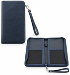 2110 Zip Tour travel wallet in navy blue, open showing internal pockets
