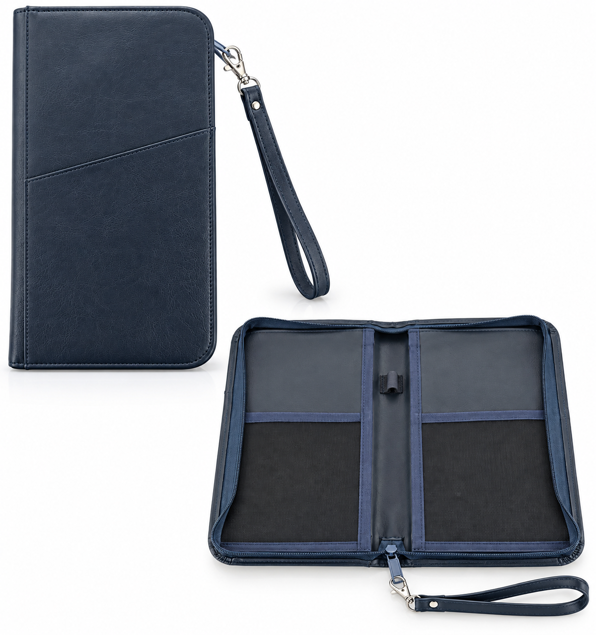 2110 Zip Tour travel wallet in navy blue, open showing internal pockets
