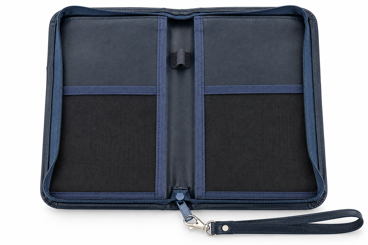 2110 Zip Tour travel wallet in navy blue, opened flat