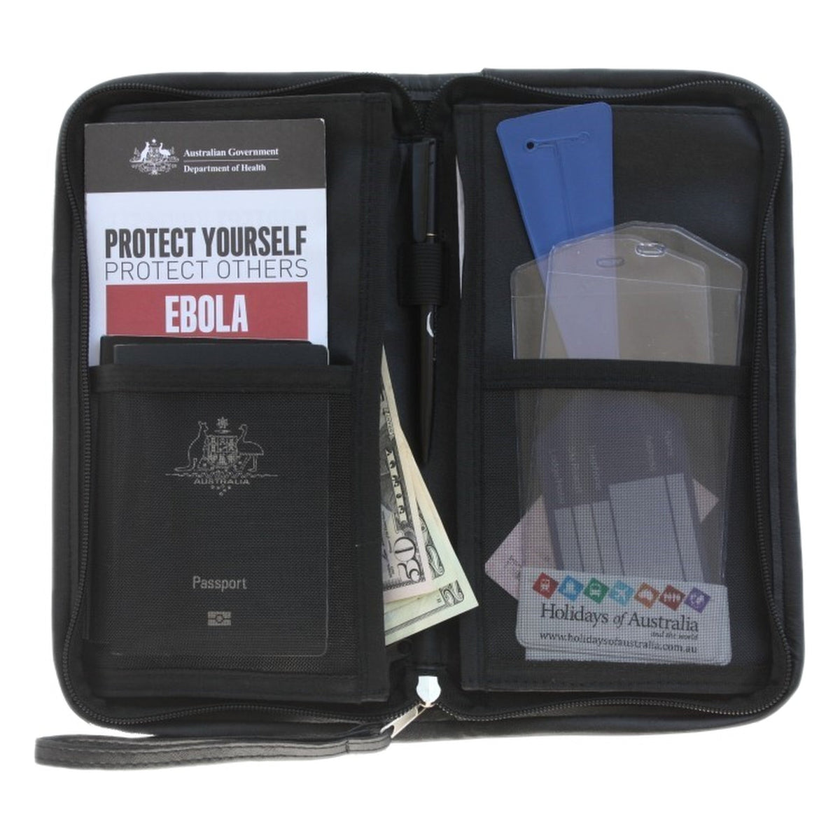 Inside the 2110 Zip Tour wallet showing expanding pockets, mesh pockets, pen loop and passport
