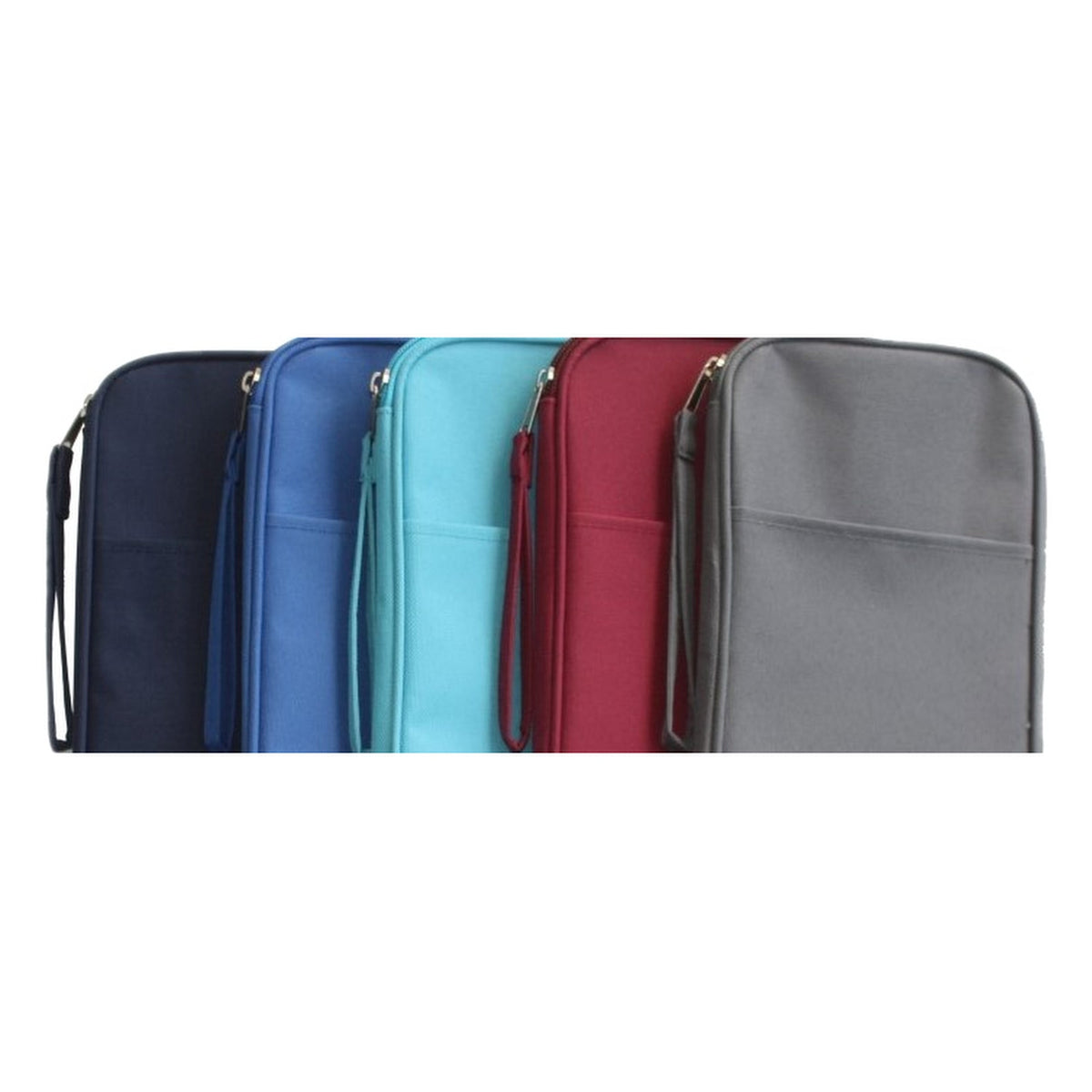 Close up of the 2500 Soft Zip wallet colour range showing the zip, wrist strap and outside pocket
