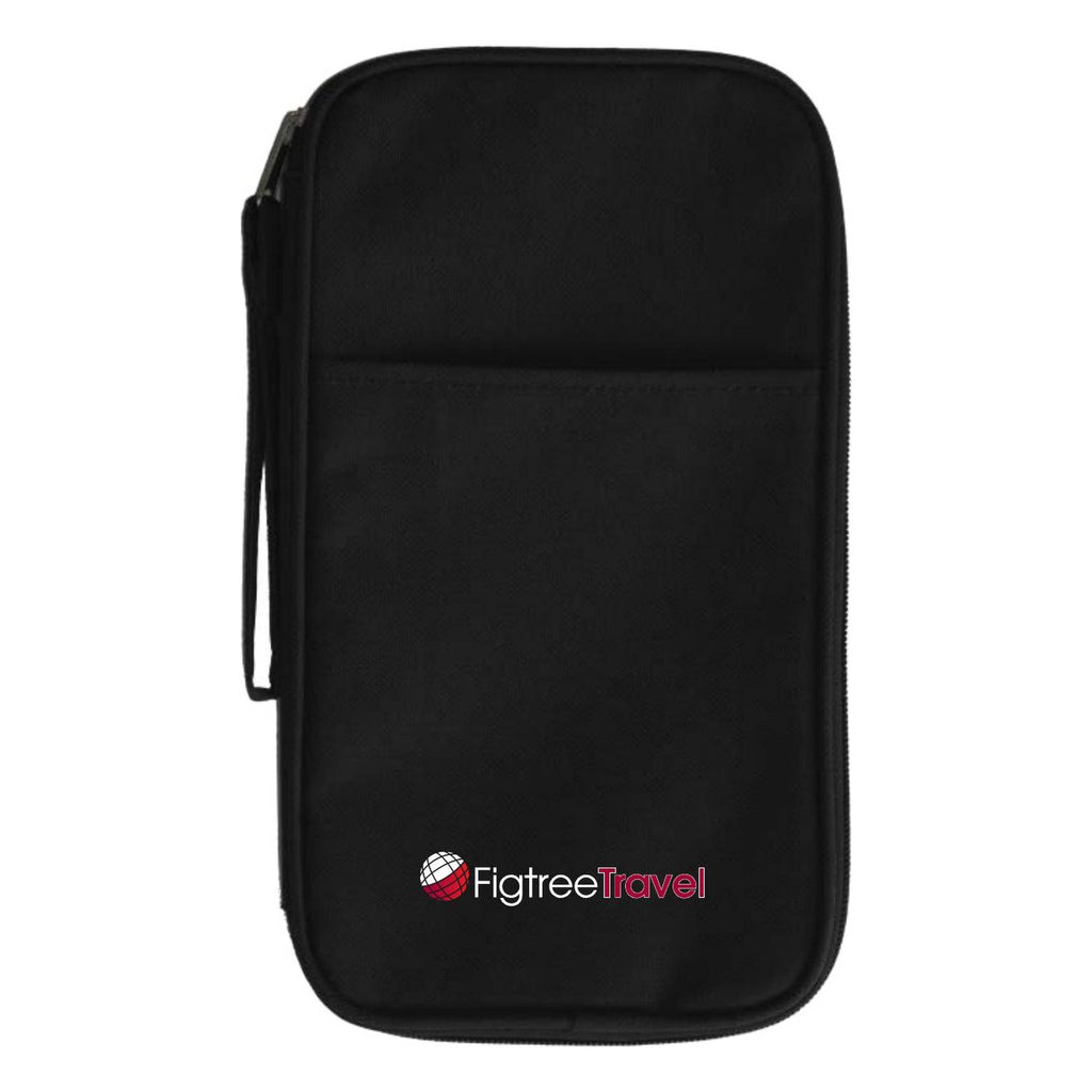 2500 zip travel wallet in black with a printed travel agency logo