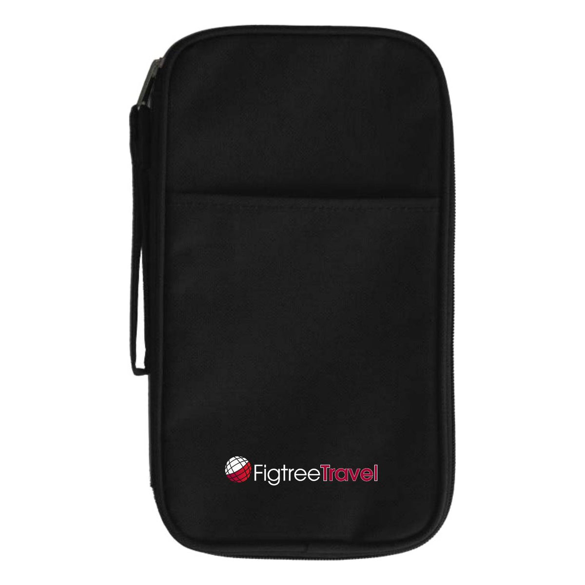 2500 zip travel wallet in black with a printed travel agency logo