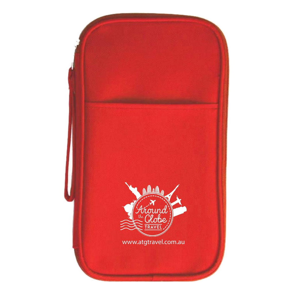2500 zip travel wallet in red with a full colour printed travel agency logo