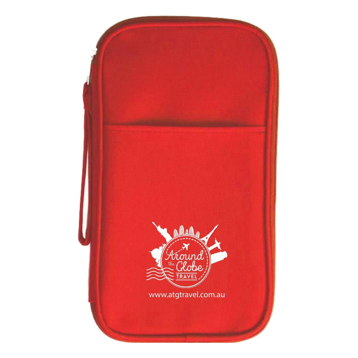 2500 zip travel wallet in red with a full colour printed travel agency logo