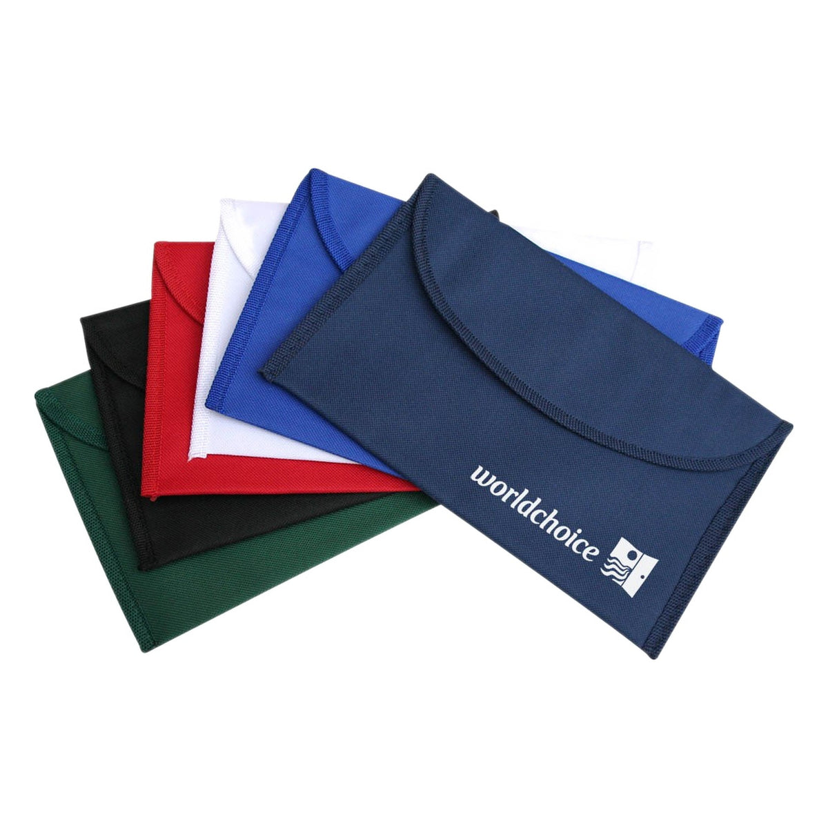 Style 4010 soft flap travel wallets in green, black, red, white, royal blue and navy with printed branding