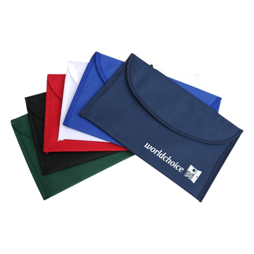 Style 4010 soft flap travel wallets in green, black, red, white, royal blue and navy with printed branding