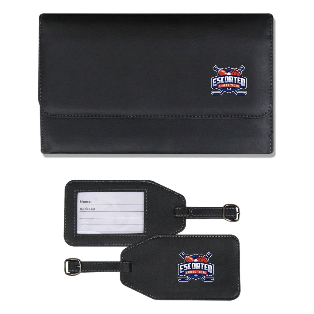 4570 concertina wallet and 7770 luggage tag set showing both faces of the tag, with full colour branding