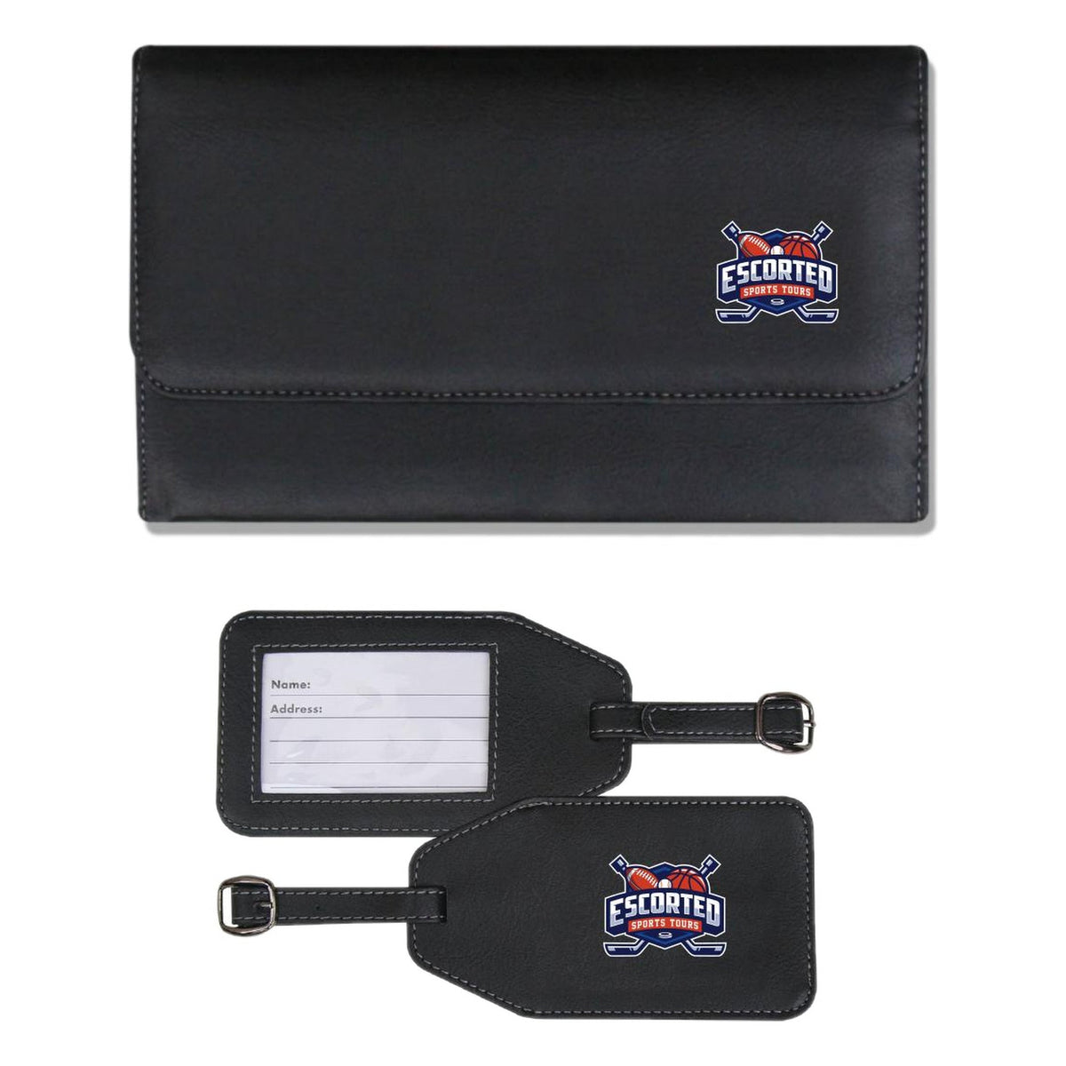 4570 concertina wallet and 7770 luggage tag set showing both faces of the tag, with full colour branding