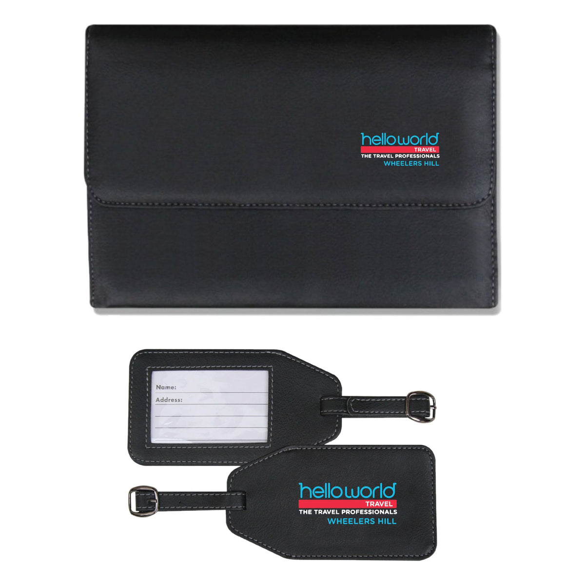 4570 vegan leather concertina travel wallet with matching 7770 luggage tag, branded for a travel agency