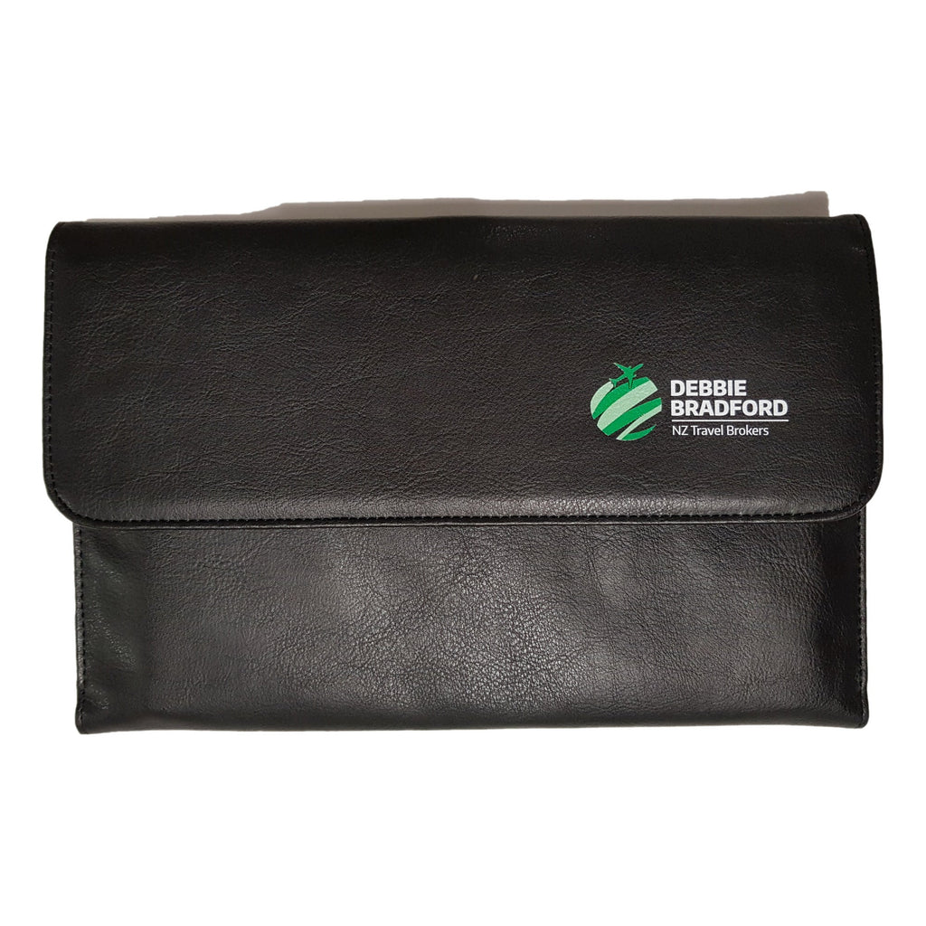 4570 vegan leather concertina wallet closed, showing the flap and full colour printed logo