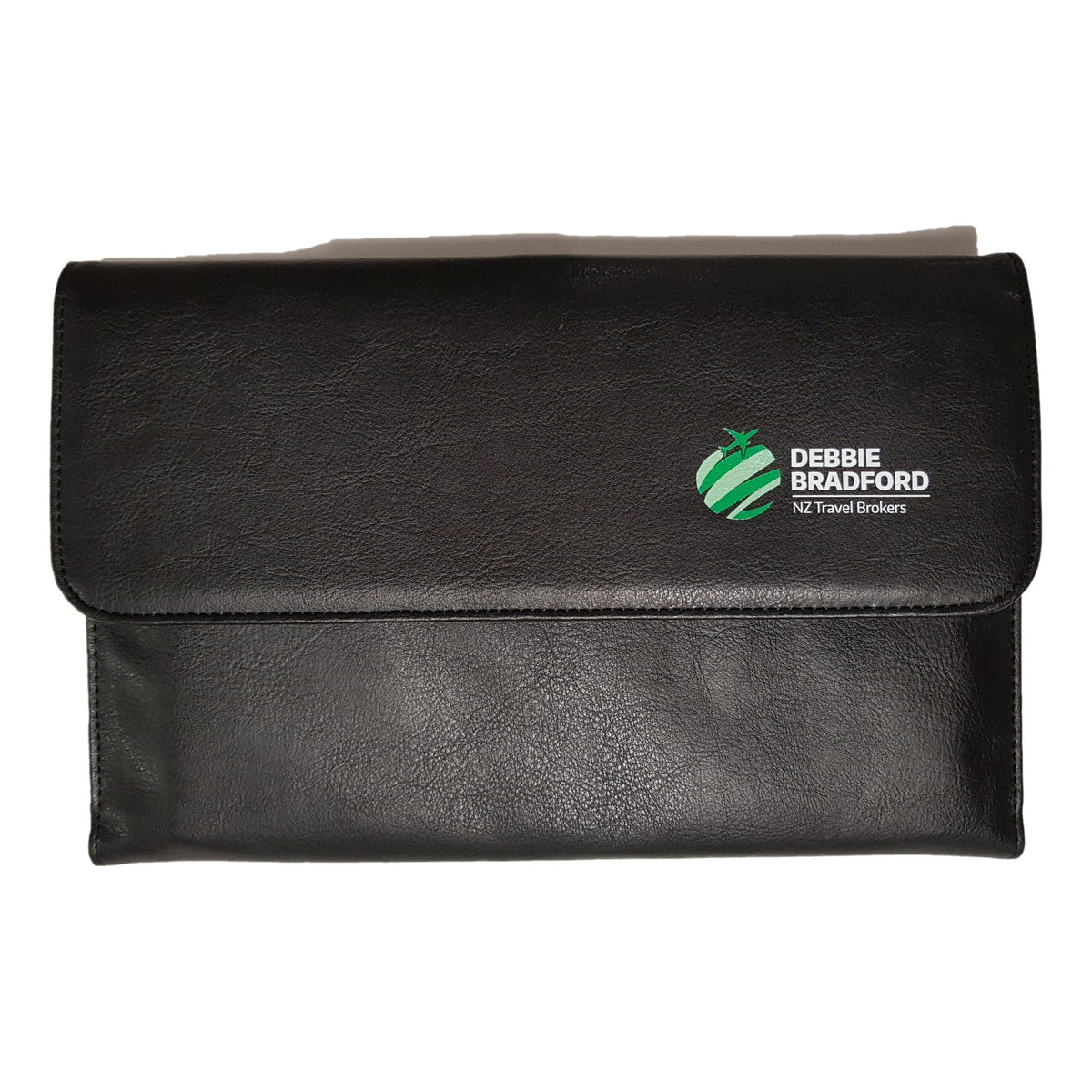 4570 vegan leather concertina wallet closed, showing the flap and full colour printed logo
